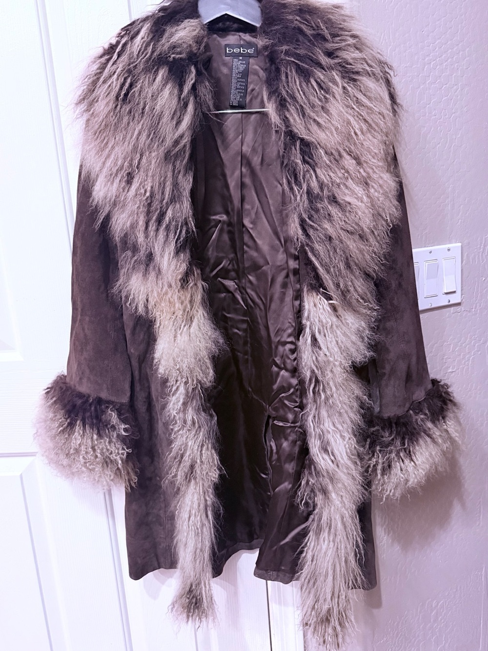 bebe Brown Suede Trench Coat with Plush Fur Trim
